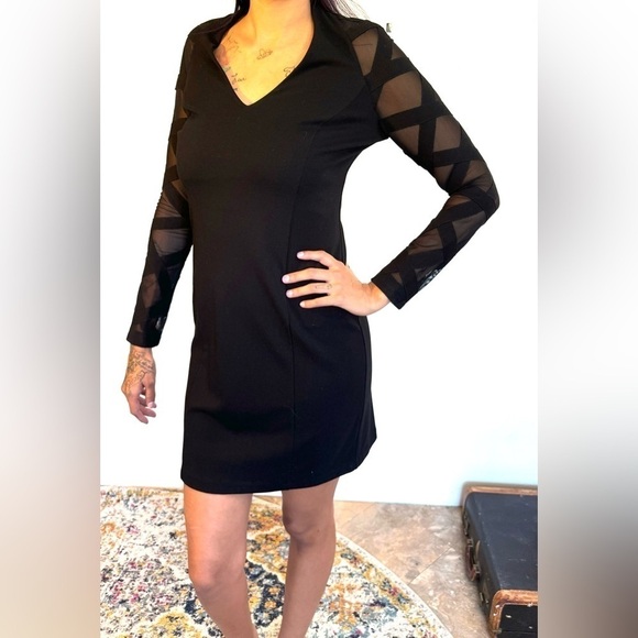 Muse Boston proper exclusive little black dress V neck long sleeve mesh sheer - Picture 4 of 11